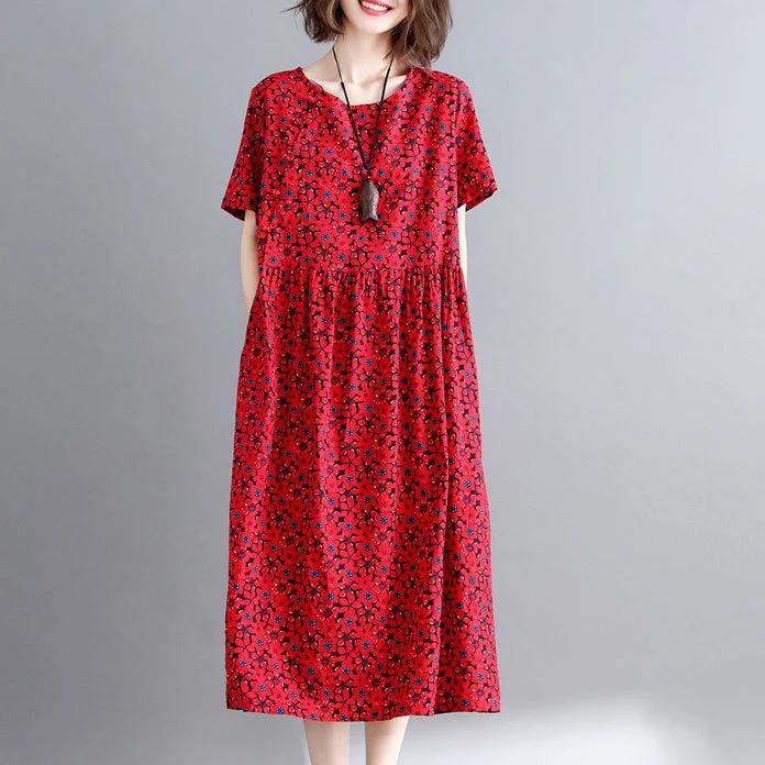 New burgundy print cotton linen dresses casual short sleeve maxi dress vintage o neck caftans New burgundy print cotton linen dresses casual short sleeve maxi dress vintage o neck caftans