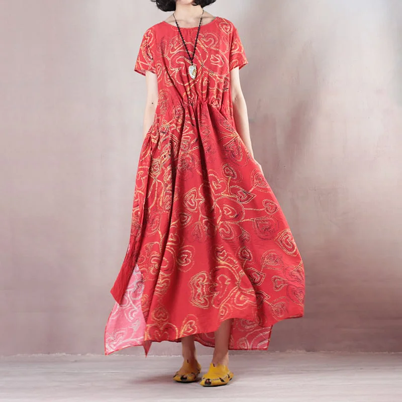 stylish red linen maxi dress casual O neck print traveling clothing women short sleeve baggy dresses linen caftans stylish red linen maxi dress casual O neck print traveling clothing women short sleeve baggy dresses linen caftans