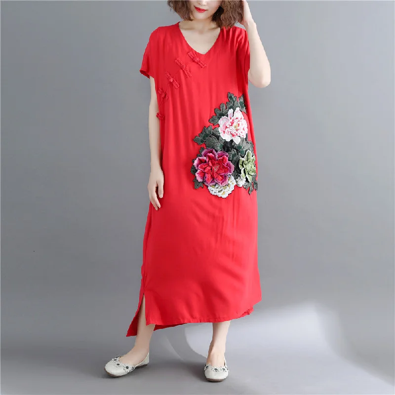 Fine red cotton linen maxi dress casual short sleeve Embroidery cotton dresses fine v neck traveling clothing Fine red cotton linen maxi dress casual short sleeve Embroidery cotton dresses fine v neck traveling clothing