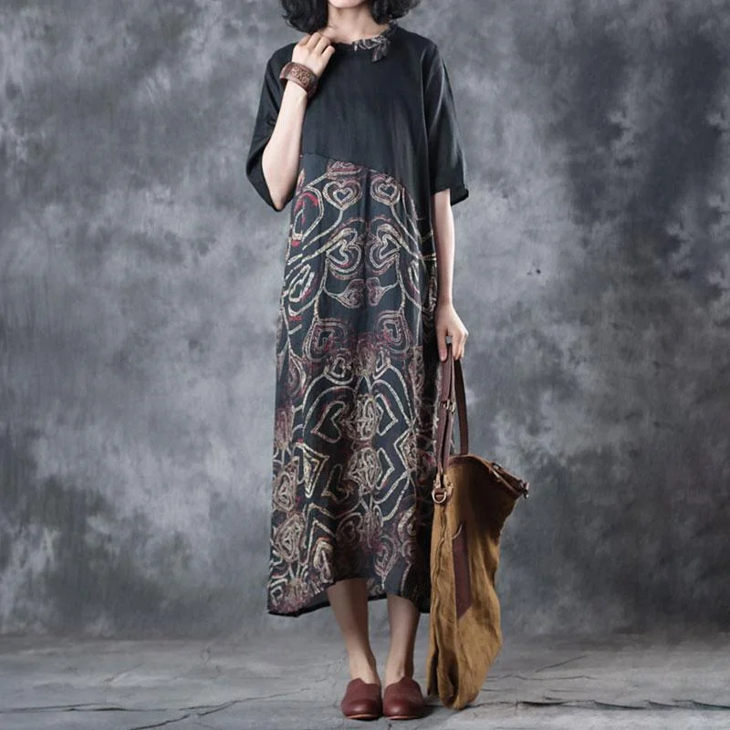 vintage silk linen maxi dress plus size clothing Retro Splicing Printed Round Neck Short Sleeve Black Dress vintage silk linen maxi dress plus size clothing Retro Splicing Printed Round Neck Short Sleeve Black Dress