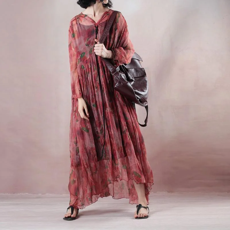 fine light red silk dress v neck long sleeve gown print Cinched drawstring maxi dress fine light red silk dress v neck long sleeve gown print Cinched drawstring maxi dress