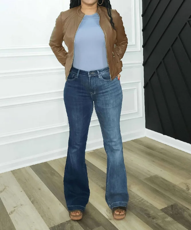 High Rise Two Tone Flare Jeans In BlueTime to Save Big!