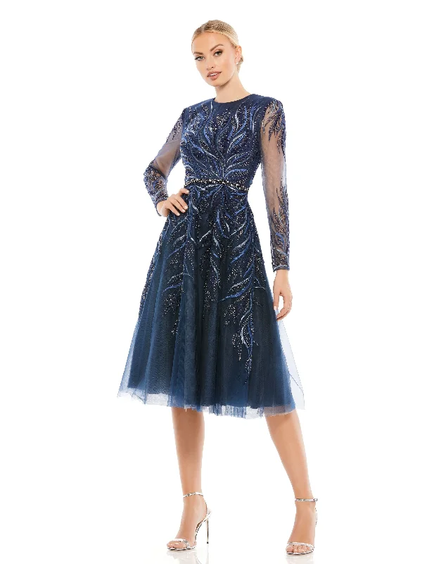 Mac Duggal 11136 Long Sleeve Beaded Cocktail Tea Length DressNew Discounts Just Dropped!