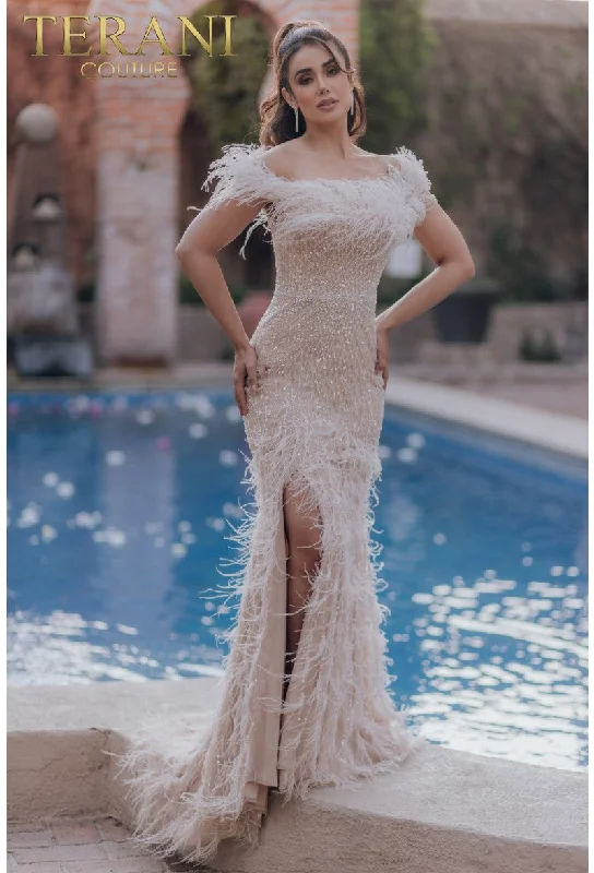 Terani Couture 232GL1438 Long Formal Prom Feather DressHurry, Sale Ends Soon!