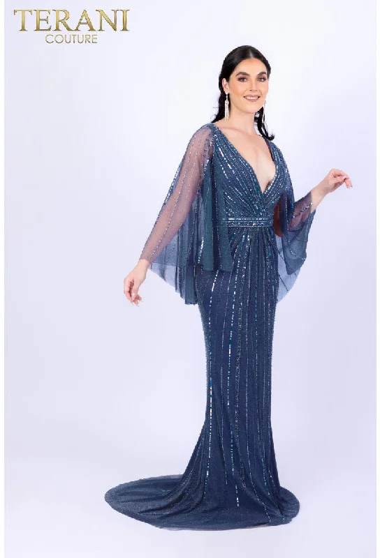 Terani Couture 232M1501 Long Mother of the Bride Beaded Cape DressOnly a Few Left – Order Now! Terani Couture 232M1501 Long Mother of the Bride Beaded Cape DressOnly a Few Left – Order Now!