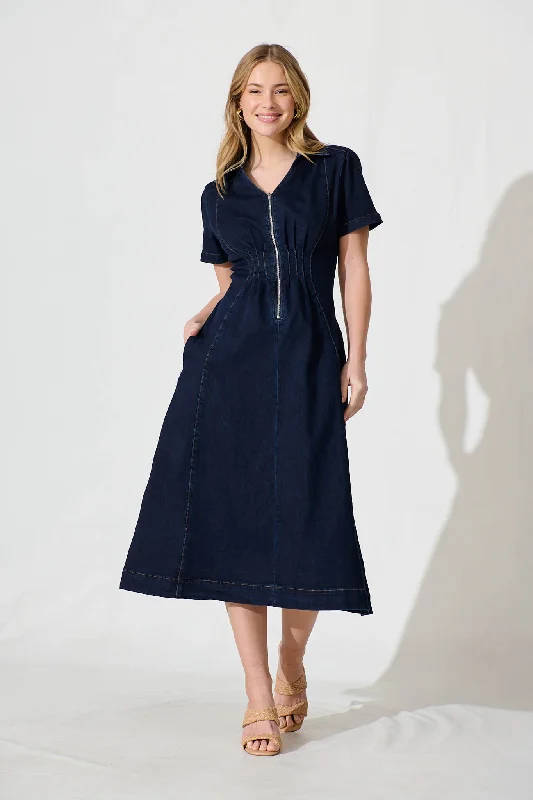 Adrianna Midi Dress In Dark Blue DenimShop Now and Save!