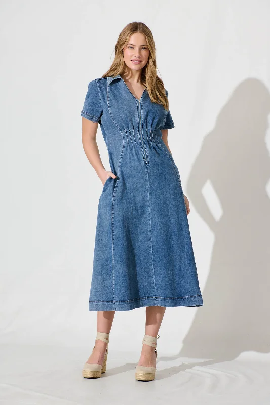 Adrianna Midi Dress In Mid Blue DenimYour Exclusive Offer Awaits!