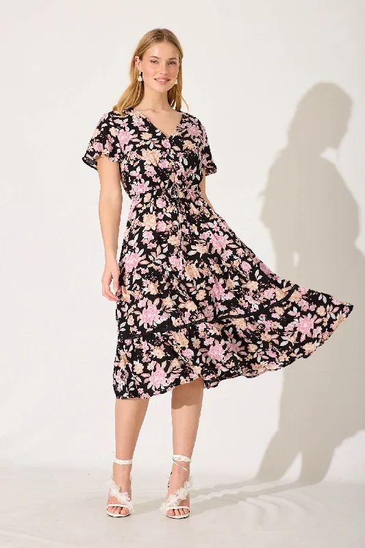 Aquarius Midi Dress Black With Blush Multi FloralLimited Edition, Limited Price!