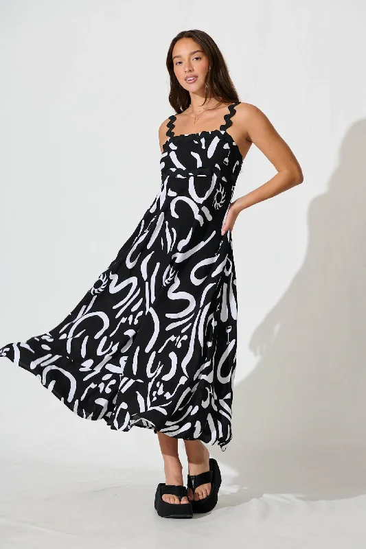 Aquila Maxi Sundress In Black Print With Black Ric Rac TrimScore Big Savings Today!