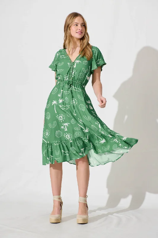 Avondale Midi Dress In Green With White PrintHurry, Sale Ends Soon!
