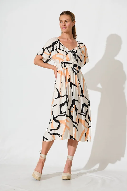Bindi Midi Dress In Beige With Black PrintFind Your Perfect Deal Today!