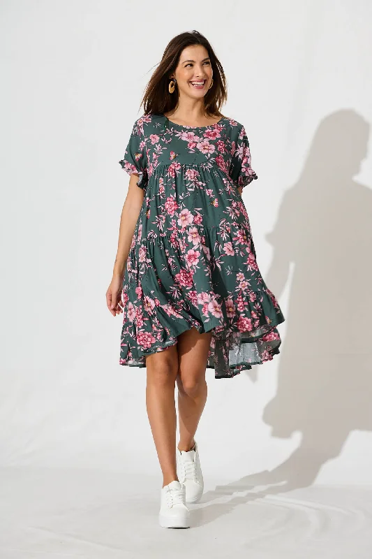Carisse Smock Dress In Khaki With Pink FloralFlash Deals – Act Quickly!