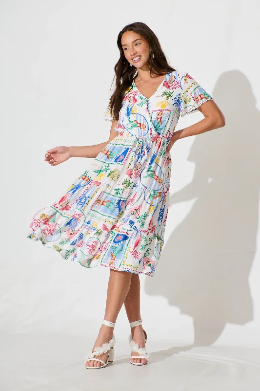 Caspia Midi Dress in White Multi Summer with Ric Rac TrimYour Favorite Sale is Back!