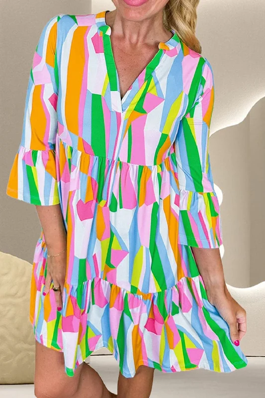 Colorful Mini Dress with SleevesLimited Stock Available!