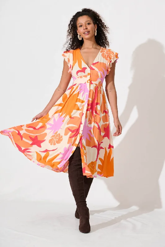 Daffodil Midi Dress In Tangerine Multi FloralBest Offers of the Month!