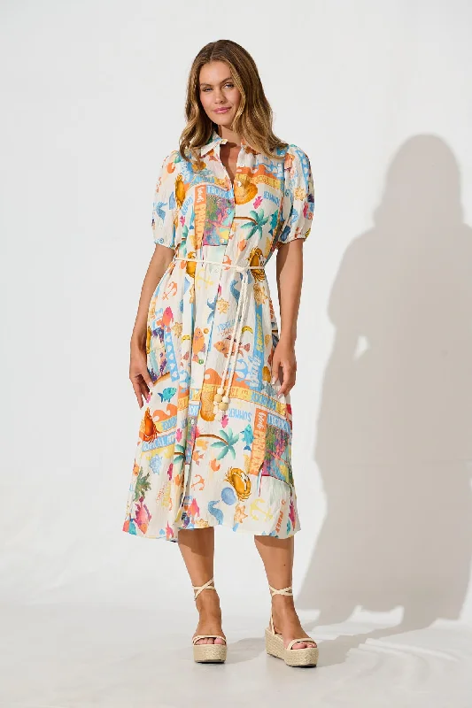 Dearest Midi Shirt Dress In Cream With Multi Summer PrintYour Best Deals Are Here!