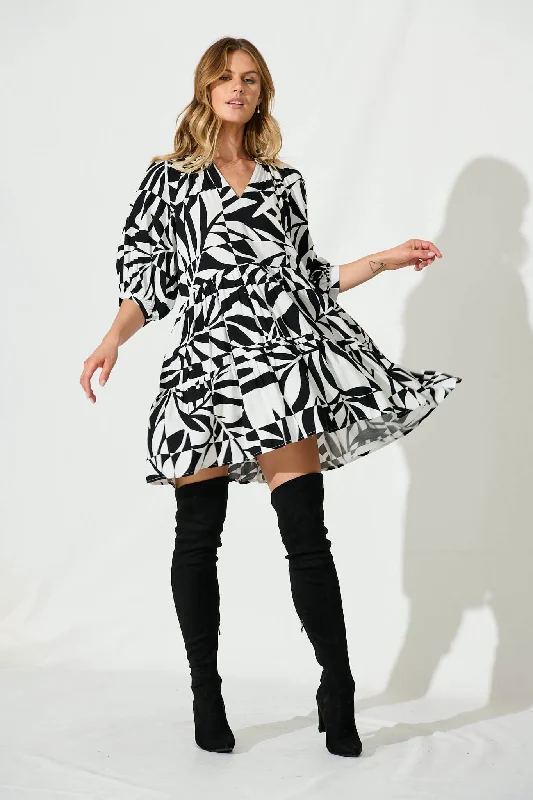 Debby Smock Dress In White With Black PrintYour Discount is Waiting!