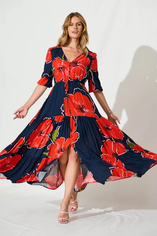 Emilia Maxi Dress In Navy With Red FloralExclusive Deals Just for You!