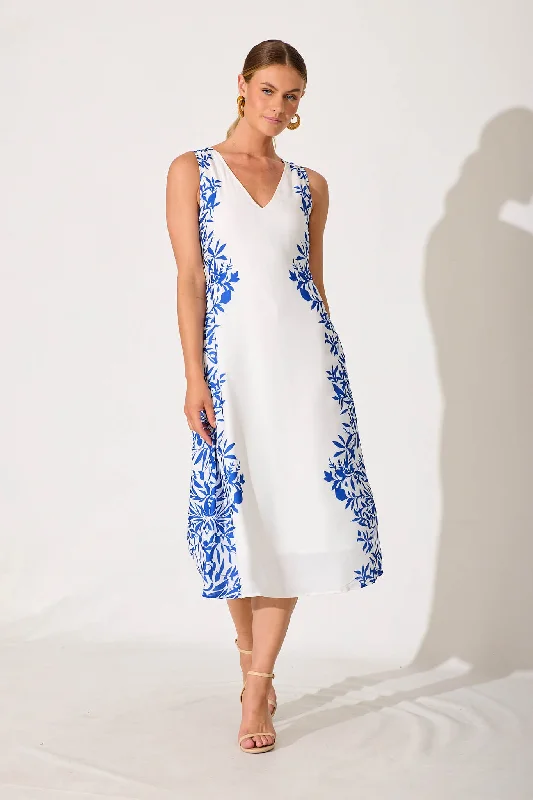 Ferry Midi Dress In White With Blue Leaf Linen BlendPrice Drops You’ll Love!