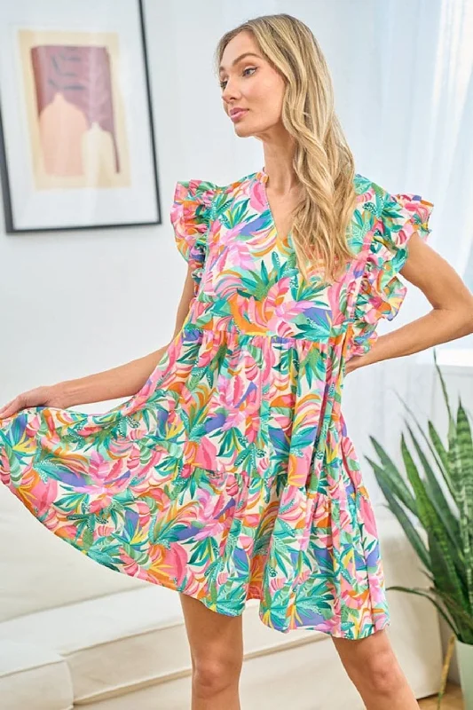 First Love Ruffled Printed Notched Cap Sleeve DressFlash Sale – Act Fast!