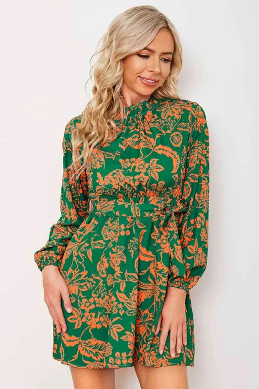 Floral Frill Neck Tied Balloon Sleeve DressHottest Discounts of the Year!