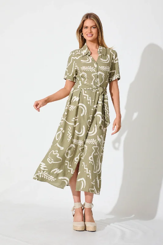 Florian Midi Shirt Dress In Khaki And White Linen BlendBiggest Sale of the Season!