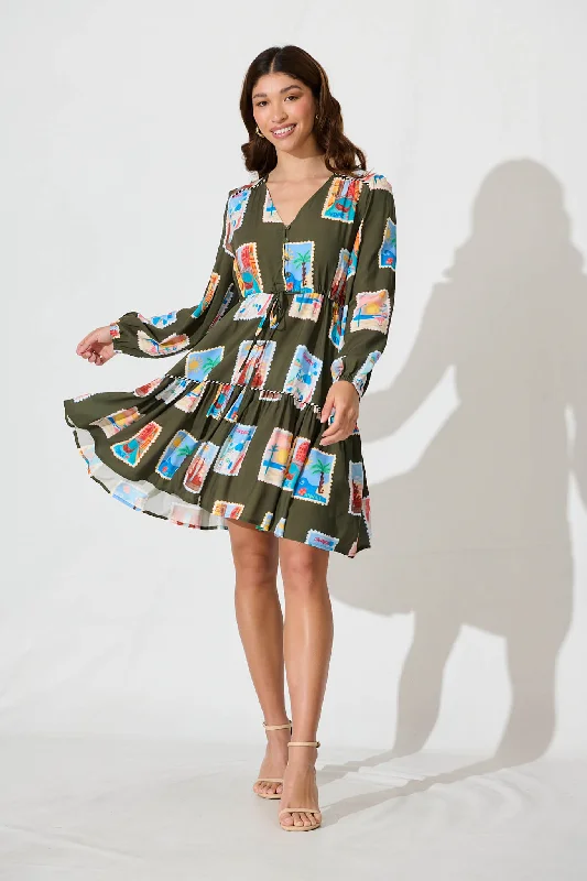 Floriane Dress In Khaki With Multi Postcard PrintDon’t Wait – Shop Today!