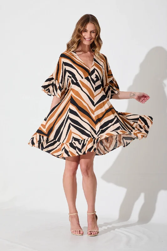 Gemara Smock Dress In Beige With Brown Zig Zag PrintScore Big Savings Today!
