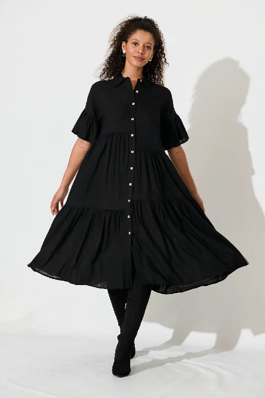 Gwennie Midi Shirt Dress In Black Cotton LinenUnmissable Offers Await!