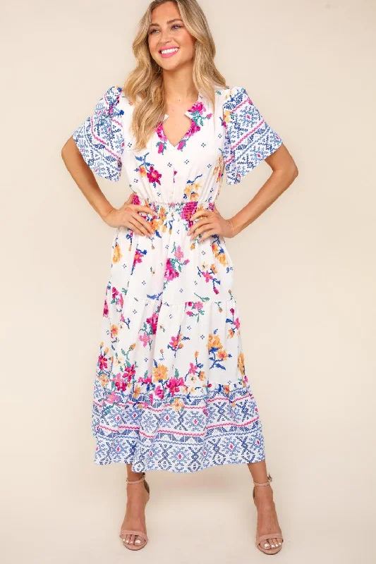 Haptics Printed Notched Short Sleeve Tiered DressSteals and Deals Await!