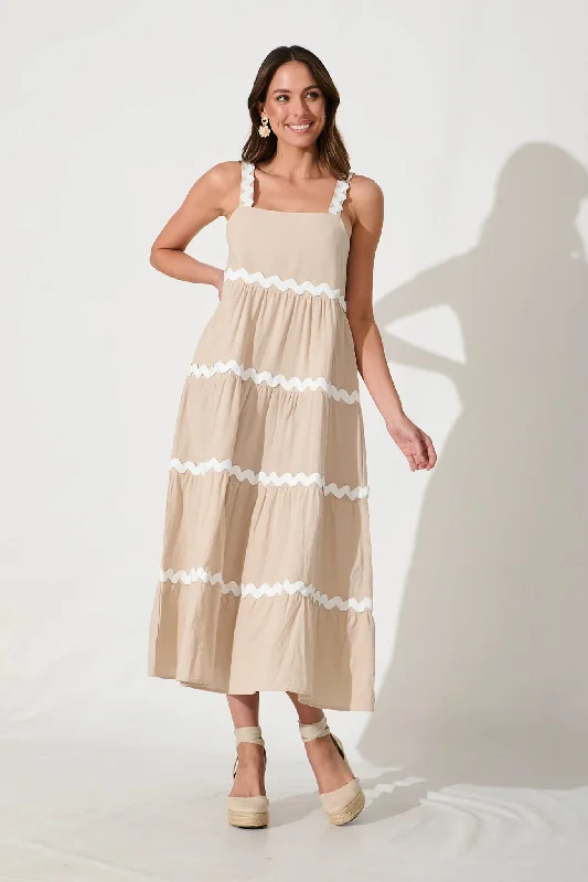 Hara Maxi Sundress In Beige With White Ric Rac Trim CottonGet Ready to Save!