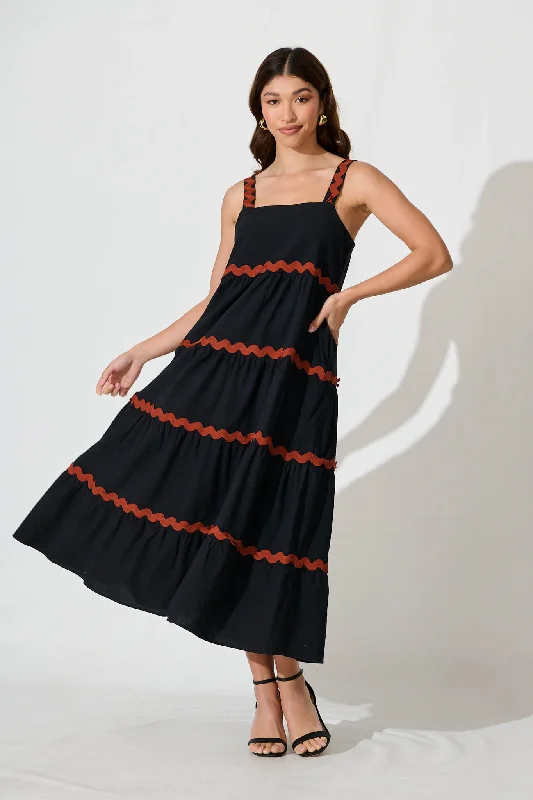 Hara Maxi Sundress in Black with Brown Ric Rac Trim CottonHottest Discounts of the Year!