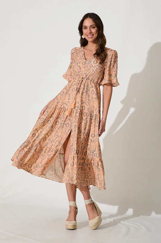 Imara Midi Dress in Orange and Grey Print Cotton BlendGet More for Less!