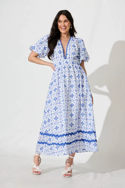 Indi Maxi Dress in White with Blue Tile Linen BlendYour Shopping Spree Starts Here!