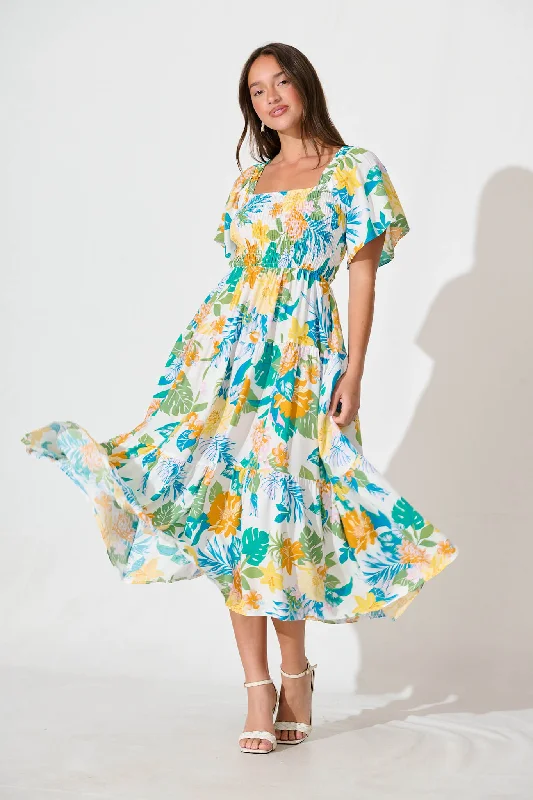 Jessica Midi Dress in Blue and Green Leaf PrintPrice Drop Alert!