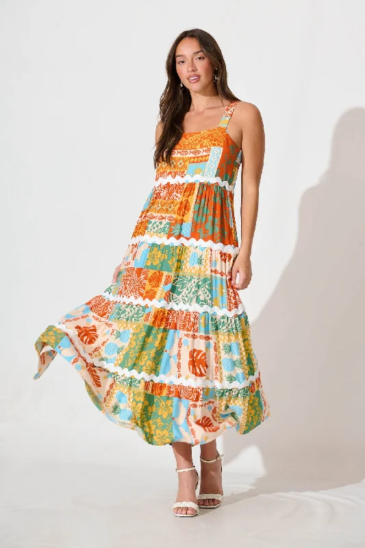 Jolie Maxi Sundress in Multi Orange Print with Ric Rac TrimGet the Best for Less!