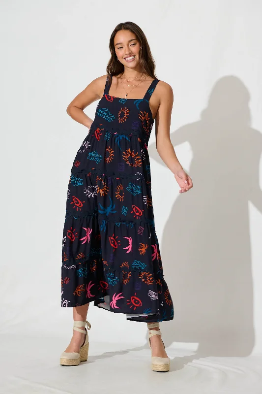 Jolie Maxi Sundress in Navy Print With Black Ric Rac TrimThe Best Sale of the Year!
