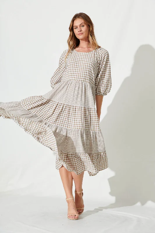 Kitty Midi Smock Dress In Beige Gingham CheckOne Click Away from Big Savings!