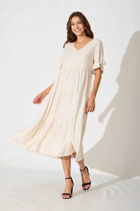 Kristen Midi Smock Dress In Oatmeal Linen BlendSale Alert – Get Ready to Shop!