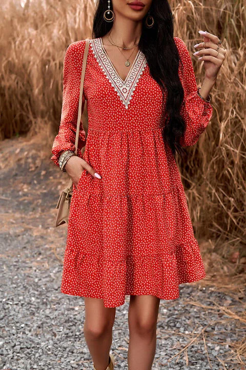 Lace Trim V-Neck Long Sleeve DressBuy One, Get One Free!