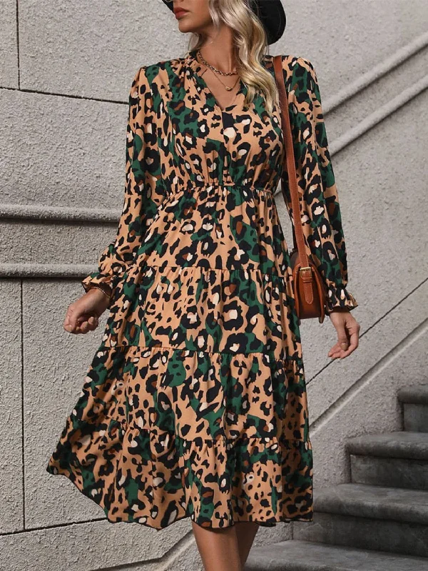 Leopard print midi dress with flounce sleevesHuge Savings – Act Now!