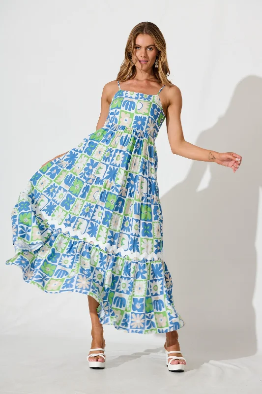 Love And Roses Maxi Sundress In Blue Multi With Ric Rac TrimShop the Hottest Deals!
