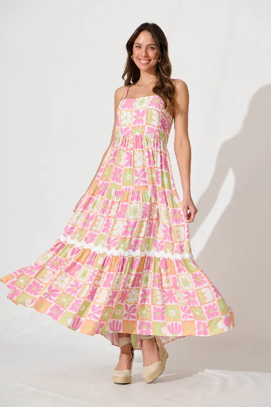 Love And Roses Maxi Sundress In Pink Multi With Ric Rac TrimLimited Edition, Limited Price!