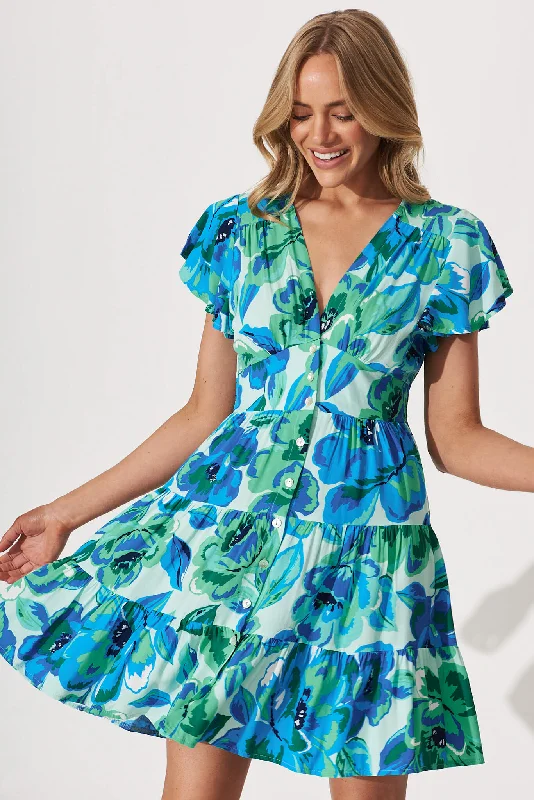 Lovina Dress In Blue With Green FloralToday Only – Don’t Miss It!
