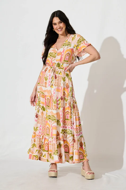 Lyra Maxi Dress in Blush with Multi PrintLimited Time Offer!