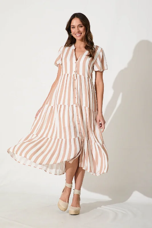 Marvela Midi Shirt Dress In Beige With White StripeLimited Stock Available!