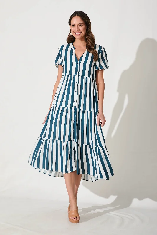 Marvela Midi Shirt Dress In Teal with White StripeIncredible Savings Inside!