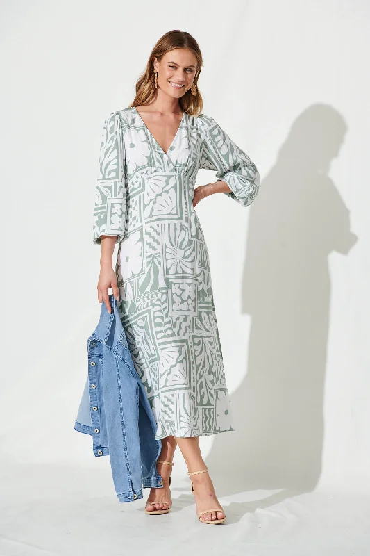 Meadow Maxi Dress In White With Sage Abstract Linen BlendLimited Deals, Unlimited Savings!