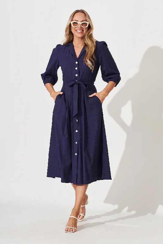 Minnie Midi Shirt Dress In Navy Plain CottonSpecial Discounts Inside!