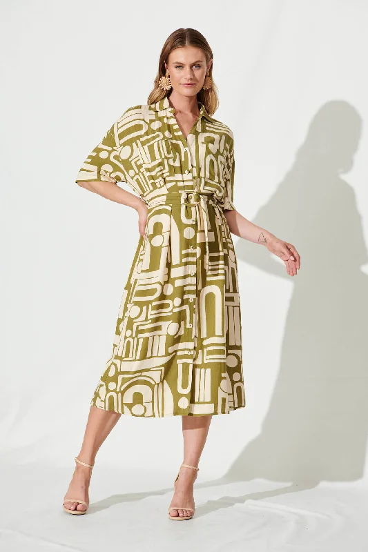 Miriam Maxi Shirt Dress In Cream And Olive Abstract Linen BlendHuge Savings – Act Now!